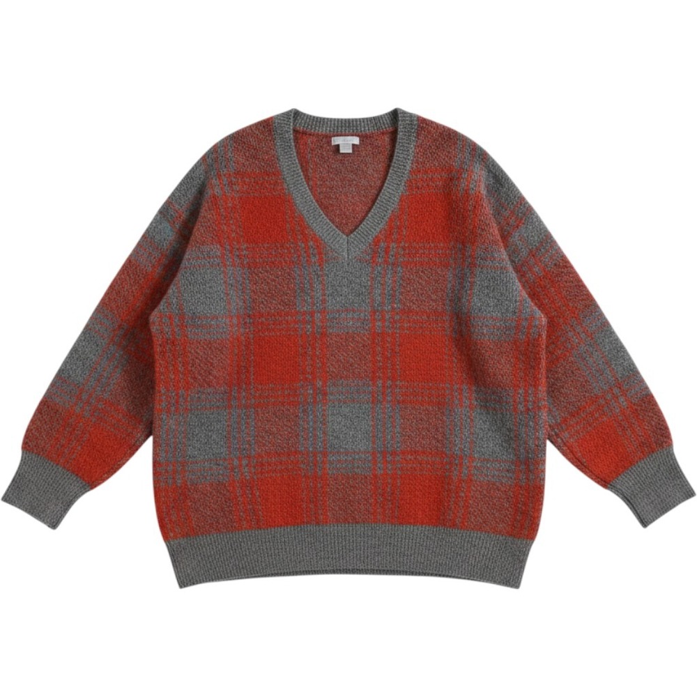 Falls Creek‎ Womens 1X Red Grey Plaid V-Neck Long Sleeve Knit Sweater